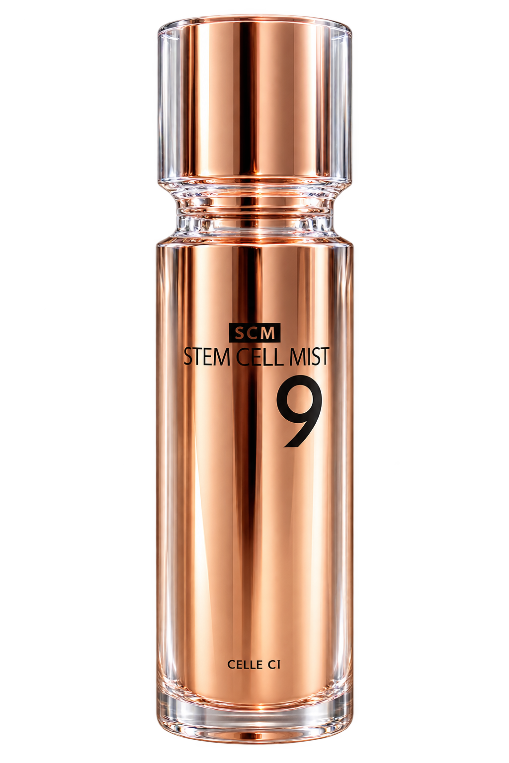 투명 캡과 로즈골드 용기의 SCM STEM CELL MIST 9